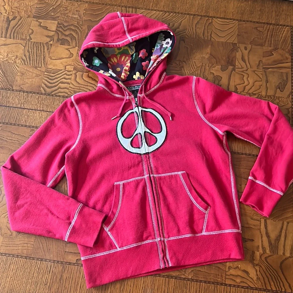 Lucky Brand Vintage Inspired Full Zip Jacket Sweatshirt Hoodie Peace Sz S Red - Picture 11 of 16